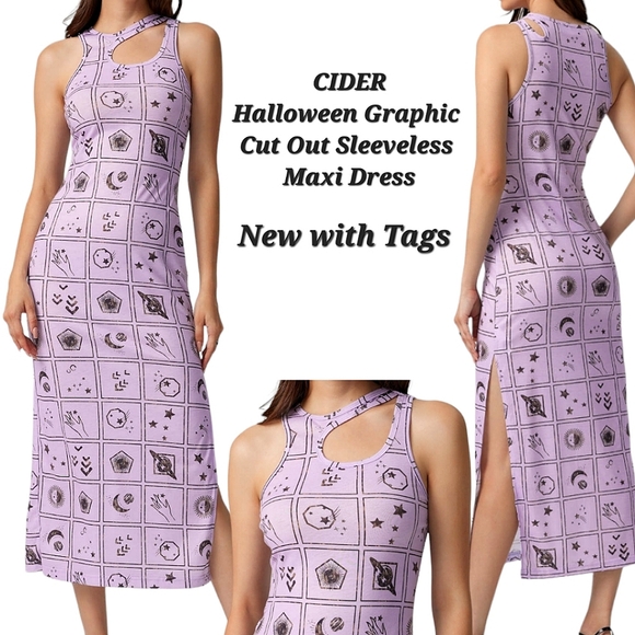 Cider Dresses & Skirts - NWT Cider Halloween Graphic Cutout Sleeveless Maxi Dress Purple Side Slit Large